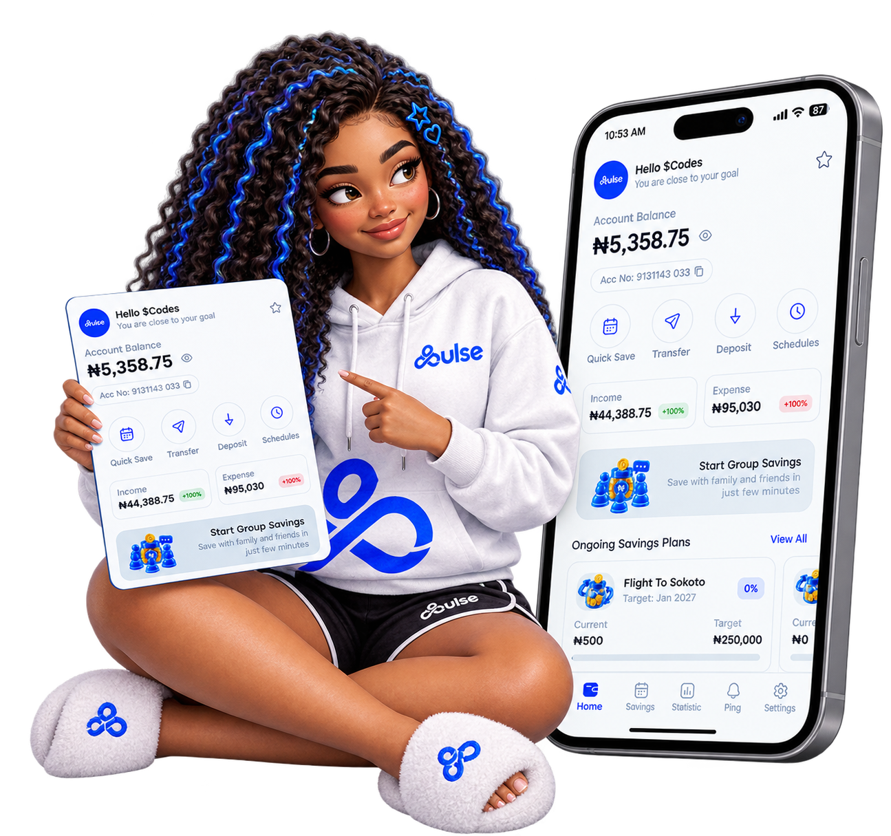 Pulse savings screens showing savings goals and progress